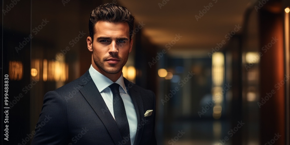 Fototapeta premium High-quality professional photography featuring a confident executive in a tailored suit against a corporate backdrop with refined lighting.