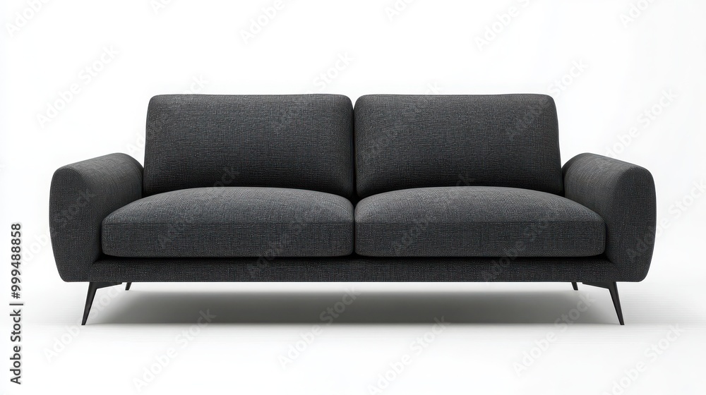 A modern minimalist sofa with slim metal legs and charcoal gray fabric, isolated on a white background A modern minimalist sofa with slim metal legs and charcoal gray fabric, isolated on a white background
