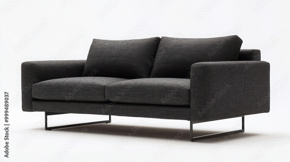 Obraz premium A modern minimalist sofa with slim metal legs and charcoal gray fabric, isolated on a white background 