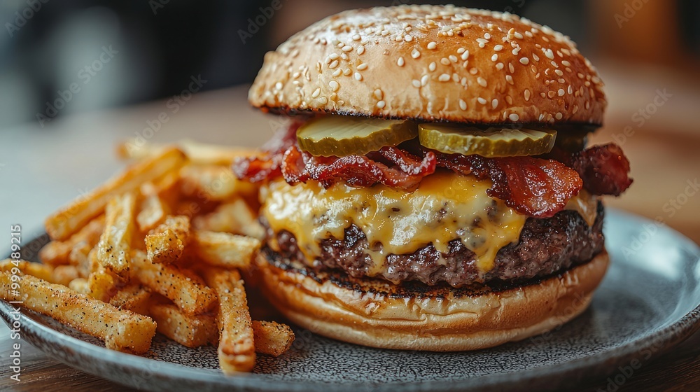 Juicy Cheeseburger with Bacon and Pickles on Plate Juicy Cheeseburger with Bacon and Pickles on Plate