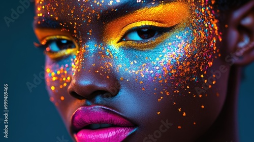 Vibrant Artistic Makeup with Glitter and Bold Colors on Close-Up Portrait