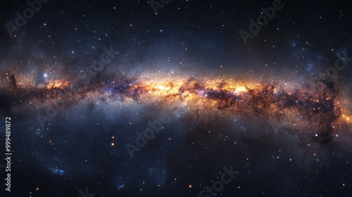 stunning panoramic view of Milky Way galaxy, showcasing vibrant colors and intricate details of stars and cosmic dust. This breathtaking image captures beauty of universe