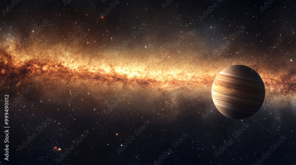 stunning view of Jupiter with its swirling clouds and vibrant colors, set against backdrop of glowing galaxy. This image captures beauty and vastness of space