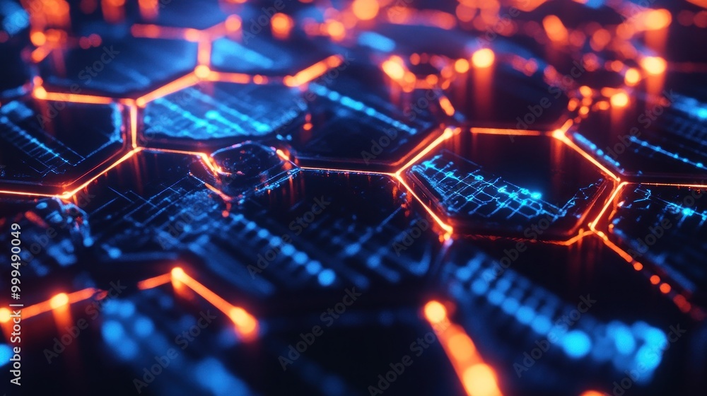 Abstract Hexagon Pattern with Glowing Blue and Orange Lines Abstract Hexagon Pattern with Glowing Blue and Orange Lines