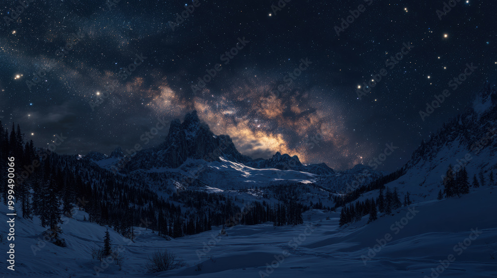 serene night over snowy mountain range with starry sky, showcasing beauty of nature and vastness of universe. tranquil scene evokes sense of peace and wonder serene night over snowy mountain range with starry sky, showcasing beauty of nature and vastness of universe. tranquil scene evokes sense of peace and wonder