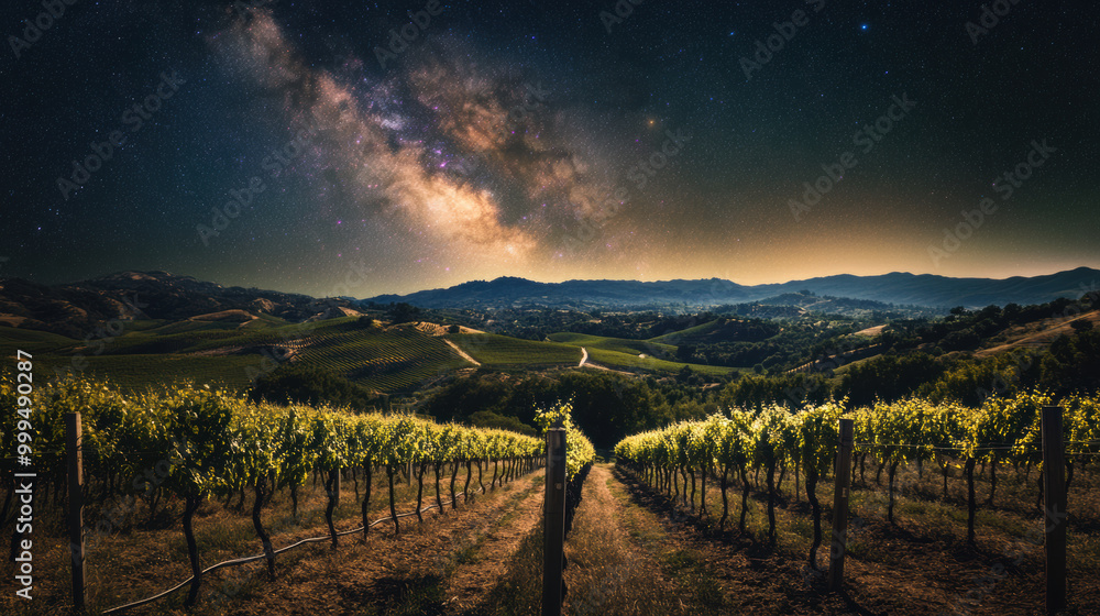 Fototapeta premium serene view of Milky Way over rolling hills and vineyards, creating breathtaking night landscape filled with stars and natural beauty