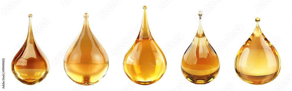 Golden oil droplets in various shapes isolated on transparent background Golden oil droplets in various shapes isolated on transparent background
