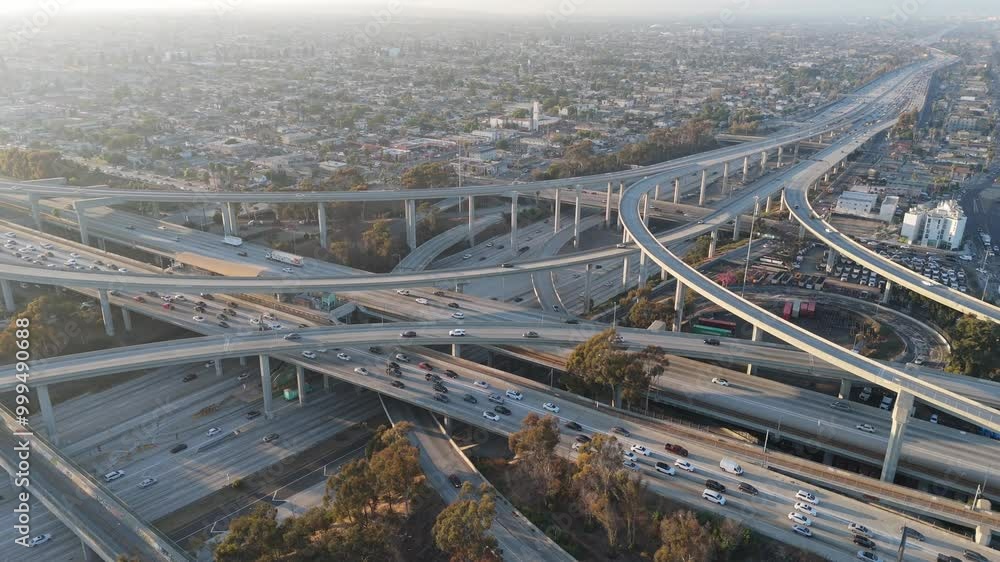 wide arial shot of urban highway intersection traffic. Los Angeles, California. Drone 4k wide arial shot of urban highway intersection traffic. Los Angeles, California. Drone 4k