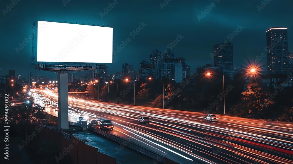 A white billboard positioned above a busy highway, with blurred vehicle lights indicating motion and speed, creating a sense of urban hustle. A white billboard positioned above a busy highway, with blurred vehicle lights indicating motion and speed, creating a sense of urban hustle.