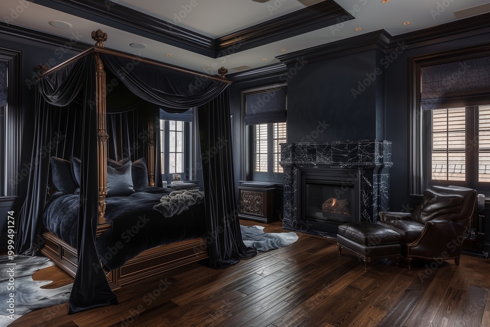 Fototapeta premium A luxurious master bedroom with dark navy walls, a large four-poster bed with dark velvet drapes, and a black marble fireplace. Dark wood floors and an oversized dark leather