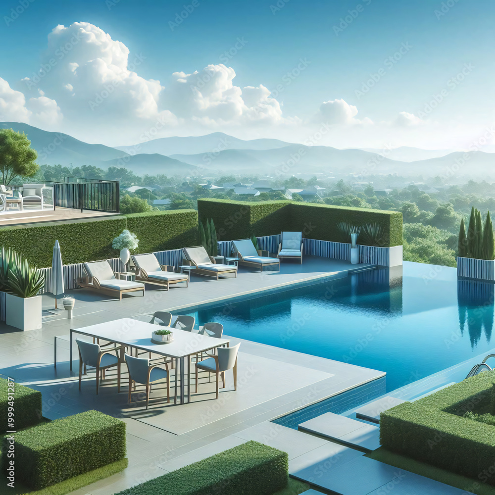 Fototapeta premium Lush garden with pool and mountains in the background