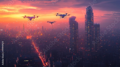 Drones Flying Over Cityscape at Sunset