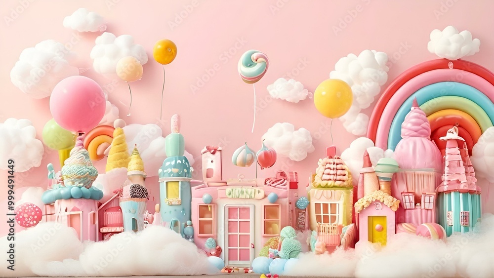 A lively urban scene adorned with bright balloons and candy, evoking a sense of joy and celebration. A lively urban scene adorned with bright balloons and candy, evoking a sense of joy and celebration.