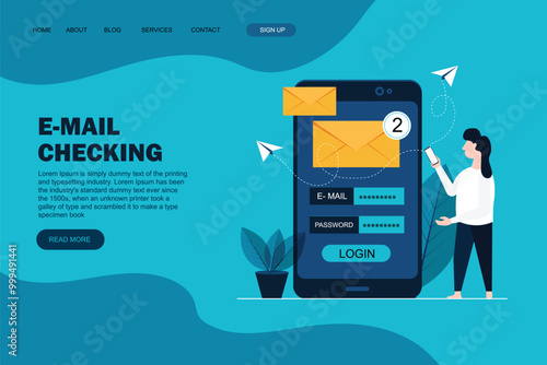 Landing page template of email checking concept with woman character