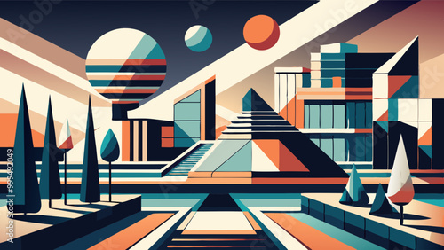Futuristic Cityscape with Abstract Geometric Shapes and Vibrant Colors