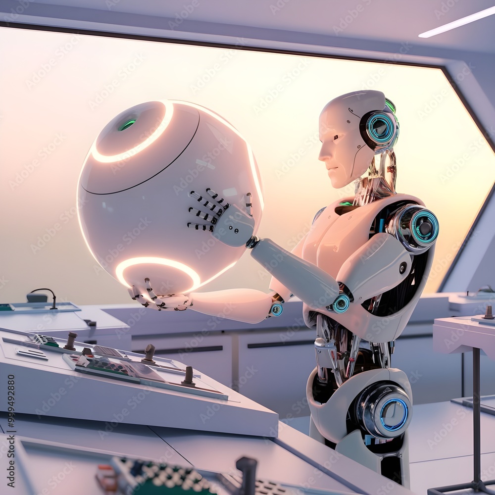 Fototapeta premium 3D render of a futuristic laboratory with a robotic arm.
