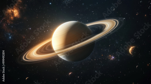 Saturn, majestic gas giant, showcases its stunning rings and vibrant atmosphere amidst backdrop of distant stars and celestial bodies, evoking sense of wonder and exploration