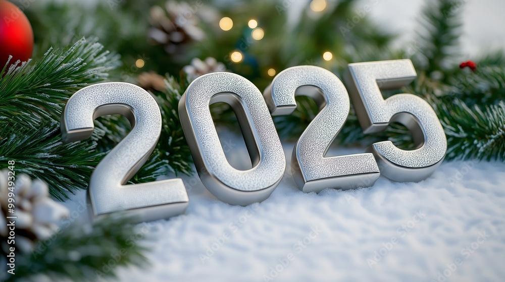 3D Font of text 2025 on New Year, Christmas ornament background 3D Font of text 2025 on New Year, Christmas ornament background