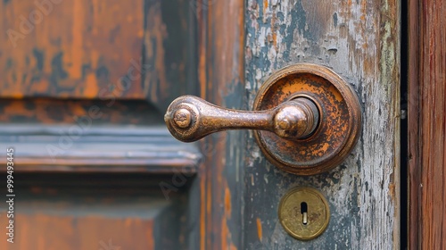 a vintage metal door handle on a rustic wooden door