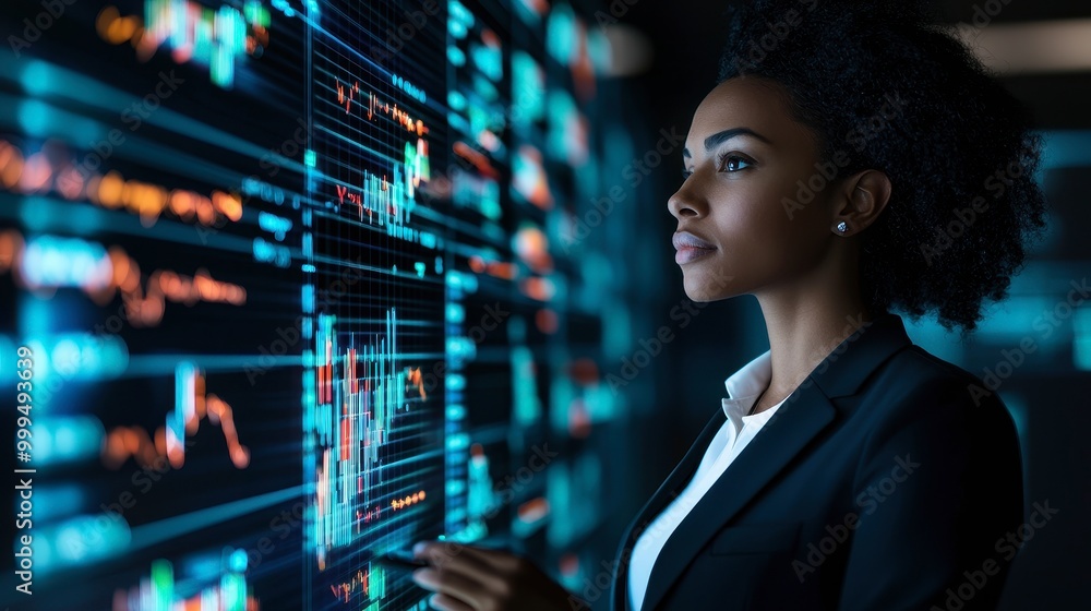 Fototapeta premium A professional woman analyzes financial data displayed on a digital interface, showcasing her focus and expertise in a technology-driven environment.