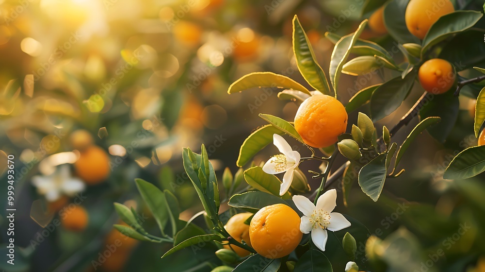 The branches of trees with blossoming citrus flowers