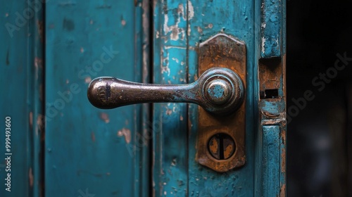 a vintage metal door handle on a rustic wooden door