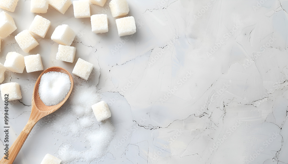 Fototapeta premium Many sugar cubes and wooden spoon on white table, closeup. Space for text