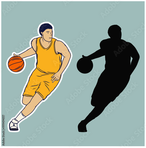 basketball player dribble stylized vector silhouette, logo template in outlined sketch style