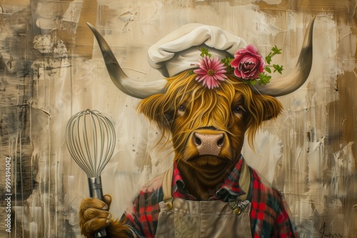 scottisch higlander cow in a farm cooking in the kitchen photo