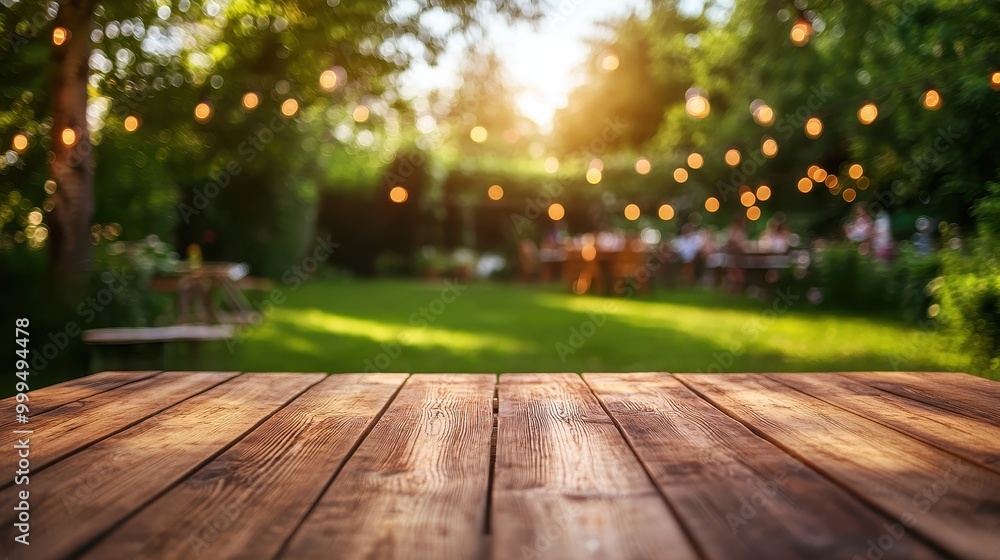 Rustic Wooden Table in a Beautiful Garden with String Lights at Sunset Rustic Wooden Table in a Beautiful Garden with String Lights at Sunset