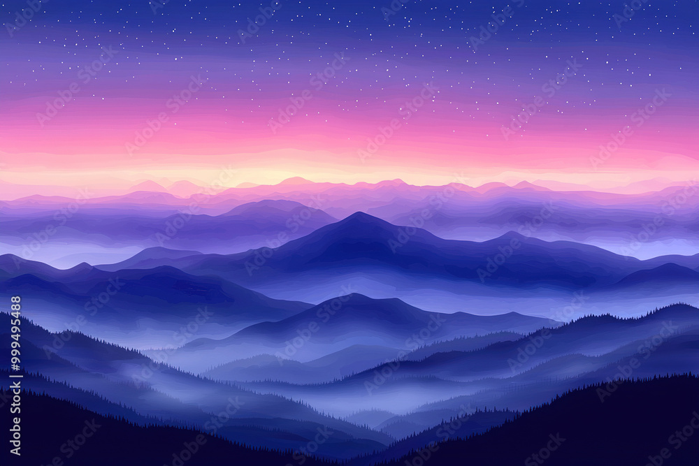 Starry sky turning pink over foggy mountain landscape Starry sky turning pink over foggy mountain landscape