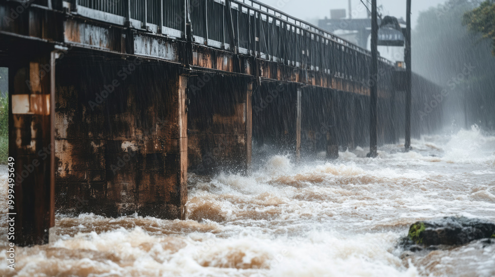 image depicts railway bridge partially submerged in floodwaters ...