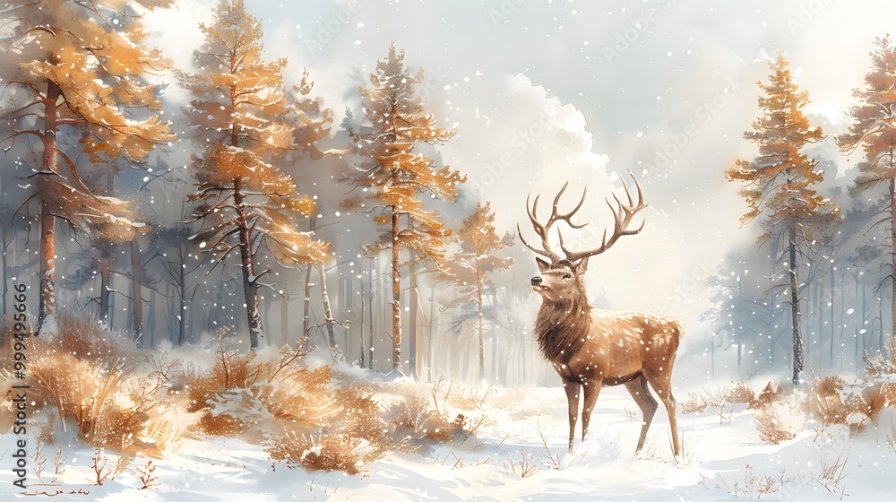 Obraz premium Deer in winter forest, wildlife illustration