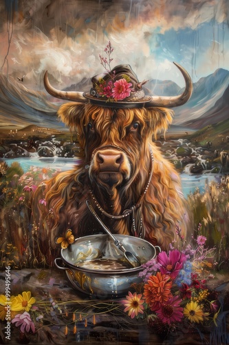 scottish higlander cow cooking animal cook kitchen artwork chef photo