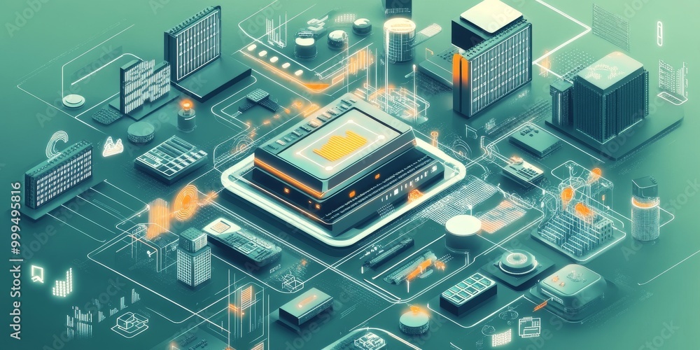 Detailed view of an IoT data hub centralizing information from connected smart devices, illustrating improved decision-making through data processing. Detailed view of an IoT data hub centralizing information from connected smart devices, illustrating improved decision-making through data processing.