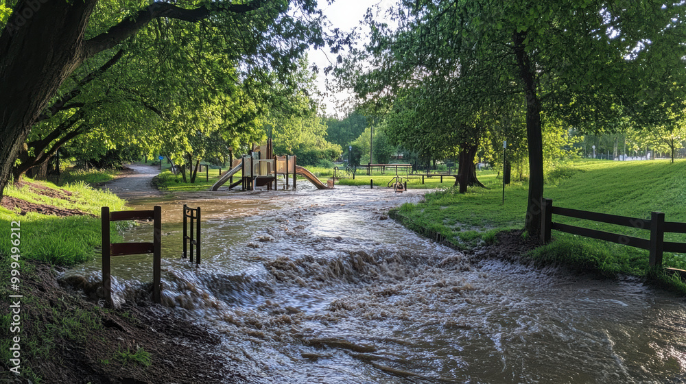 Fototapeta premium swollen creek is overflowing its banks, creating picturesque yet powerful scene in park. lush greenery and playground in background contrast with rushing water, evoking sense of natures force