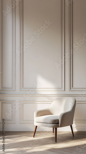 Beige chair in a minimalist room with white wall panels and wooden floor. Clean lines and soft shadows creating a warm, modern atmosphere. Vertical photo Interior studio design furniture, decor