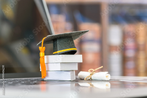 Graduate study abroad program to broaden learner's world view, e-learning concept : Graduation cap, foreign books on a laptop, depicts student attempting to study from a distance or learning from home