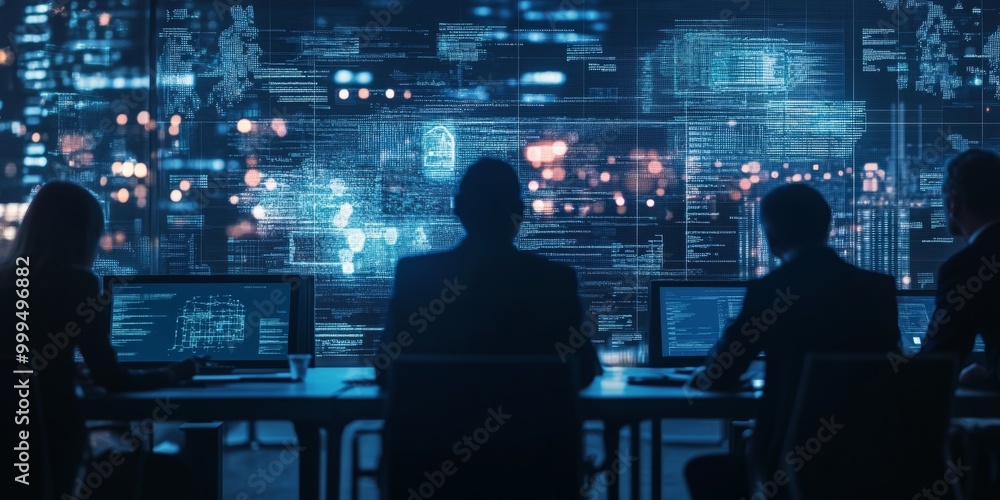 High-resolution shot of a risk management meeting, with a team discussing cybersecurity measures and strategic planning in action. High-resolution shot of a risk management meeting, with a team discussing cybersecurity measures and strategic planning in action.