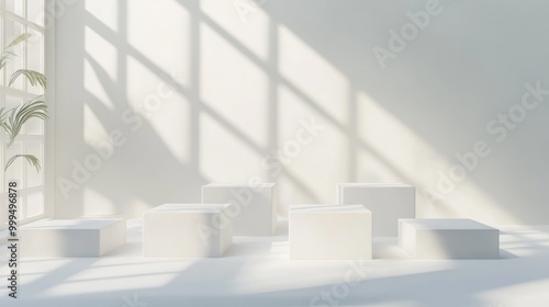 Abstract minimalist scene featuring an empty stage with six rectangular podiums on a white background complemented by soft window shadows ideal for showcasing cosmetic products and packaging mocku photo