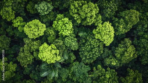 Aerial perspective of a lush forest canopy showcasing intricate details featuring vibrant green trees and thriving vegetation in a tropical environment