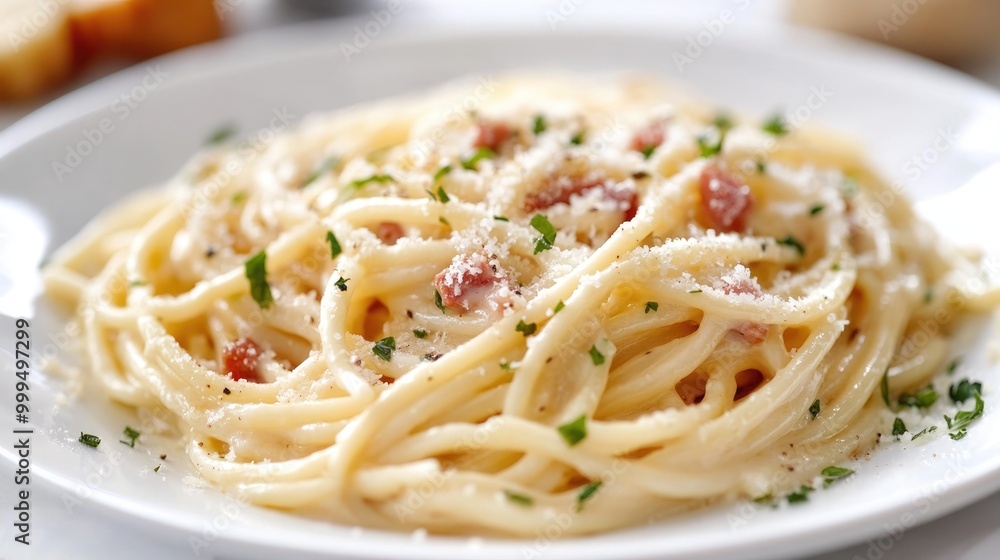 Creamy spaghetti carbonara served on a white plate Creamy spaghetti carbonara served on a white plate