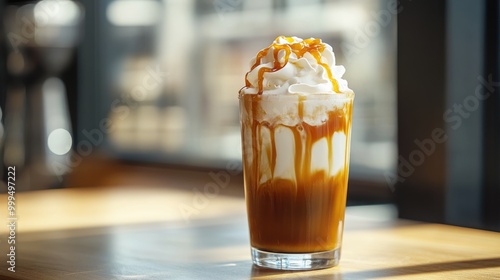 Iced coffee topped with whipped cream and caramel set against a bright cafe backdrop Ideal for summer beverage inspiration