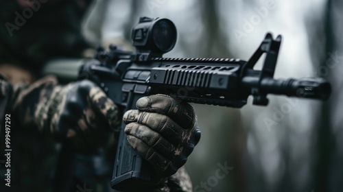 Close up of an individual gripping an airsoft weapon