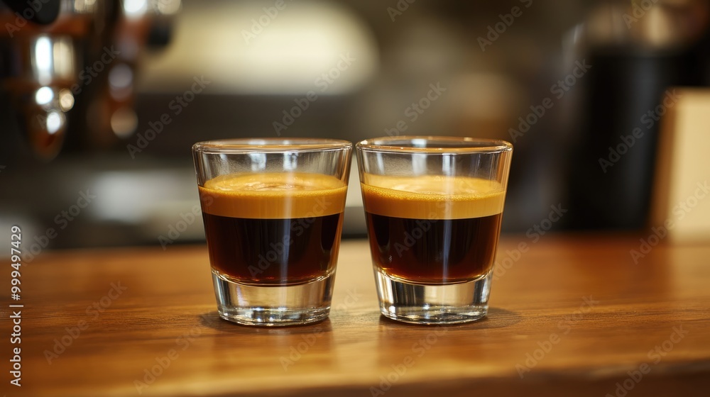 Two espresso glasses placed on a wooden table featuring a creamy texture Two espresso glasses placed on a wooden table featuring a creamy texture