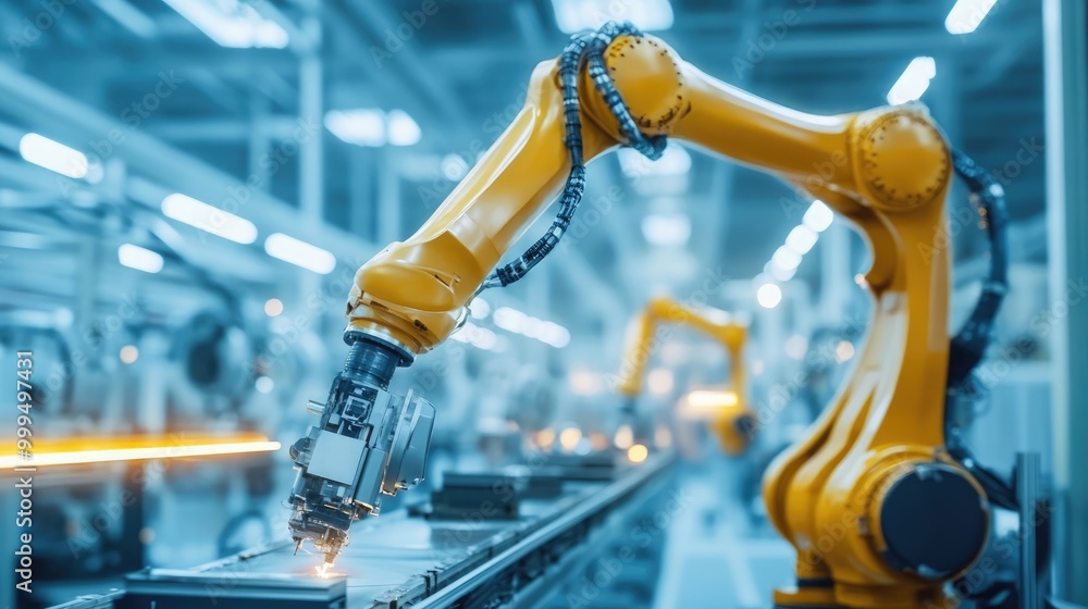 Automated robotic arm in operation within an automotive manufacturing setting Automated robotic arm in operation within an automotive manufacturing setting