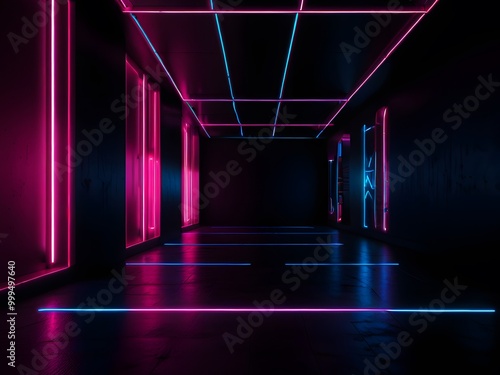 A room with a wall of neon lights