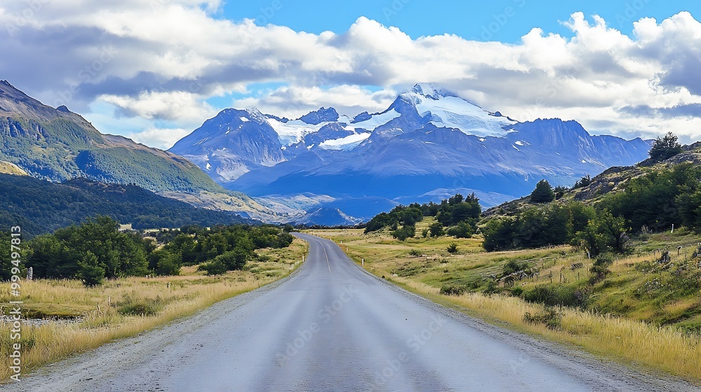 Naklejka premium Scenic Road Leading Towards Snow-capped Mountains