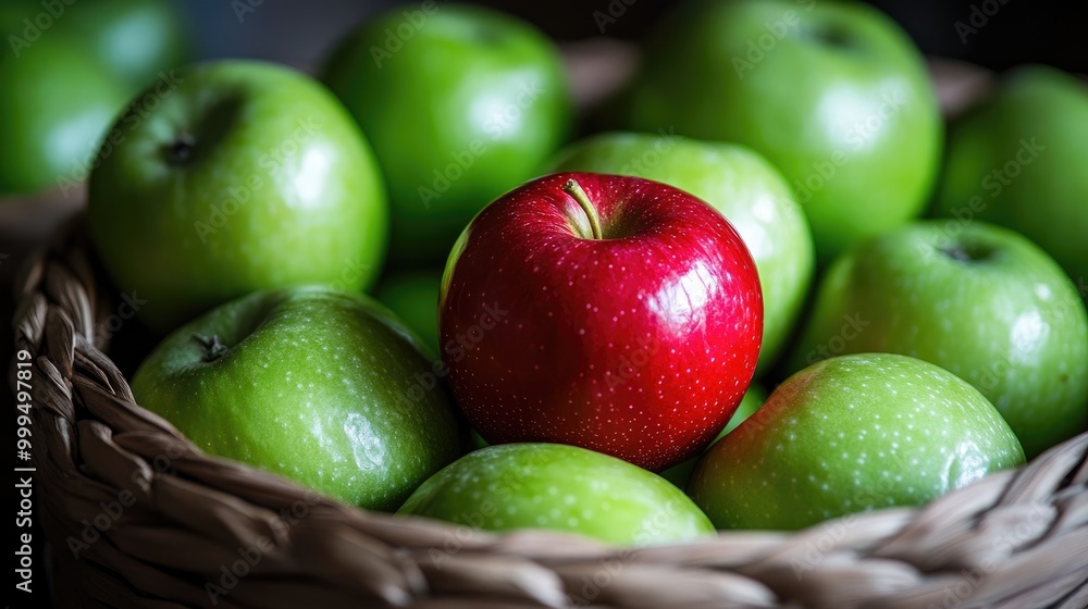 A single red apple contrasts against a basket of green apples highlighting its distinct appearance within the group A single red apple contrasts against a basket of green apples highlighting its distinct appearance within the group