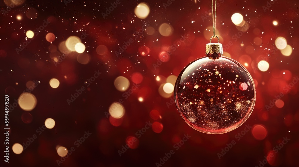 Glass ornament suspended against a blurred dark red snowy backdrop adorned with bokeh golden lights A decorative element for the festive season ideal for banners or greeting cards